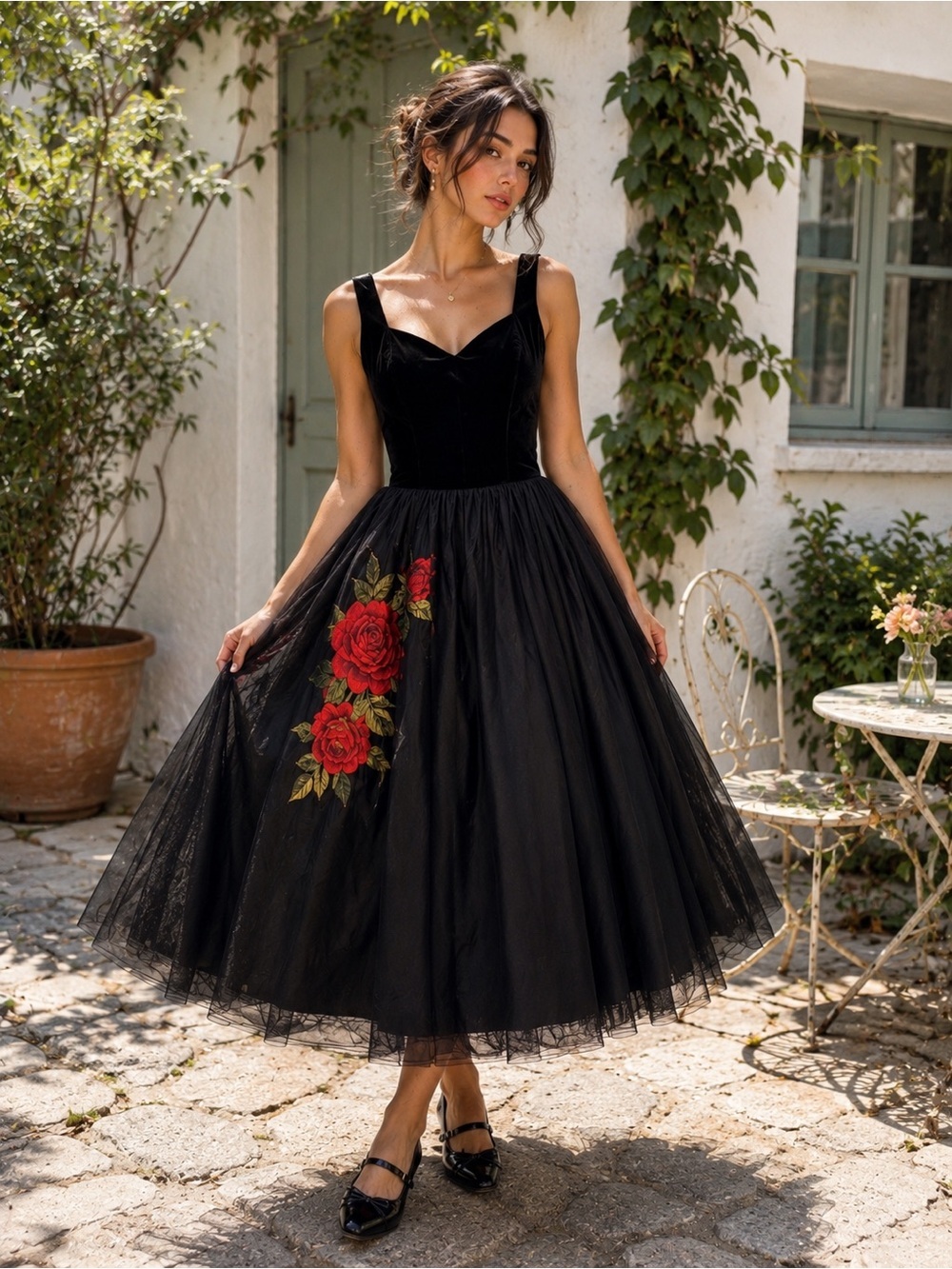 Collectif Vintage London Black Velvet Rose Embroidered Tulle Midi Dress XXS